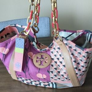 Tory Burch Karlya Carry-All Multicolor Canvas Tote Bag NWT